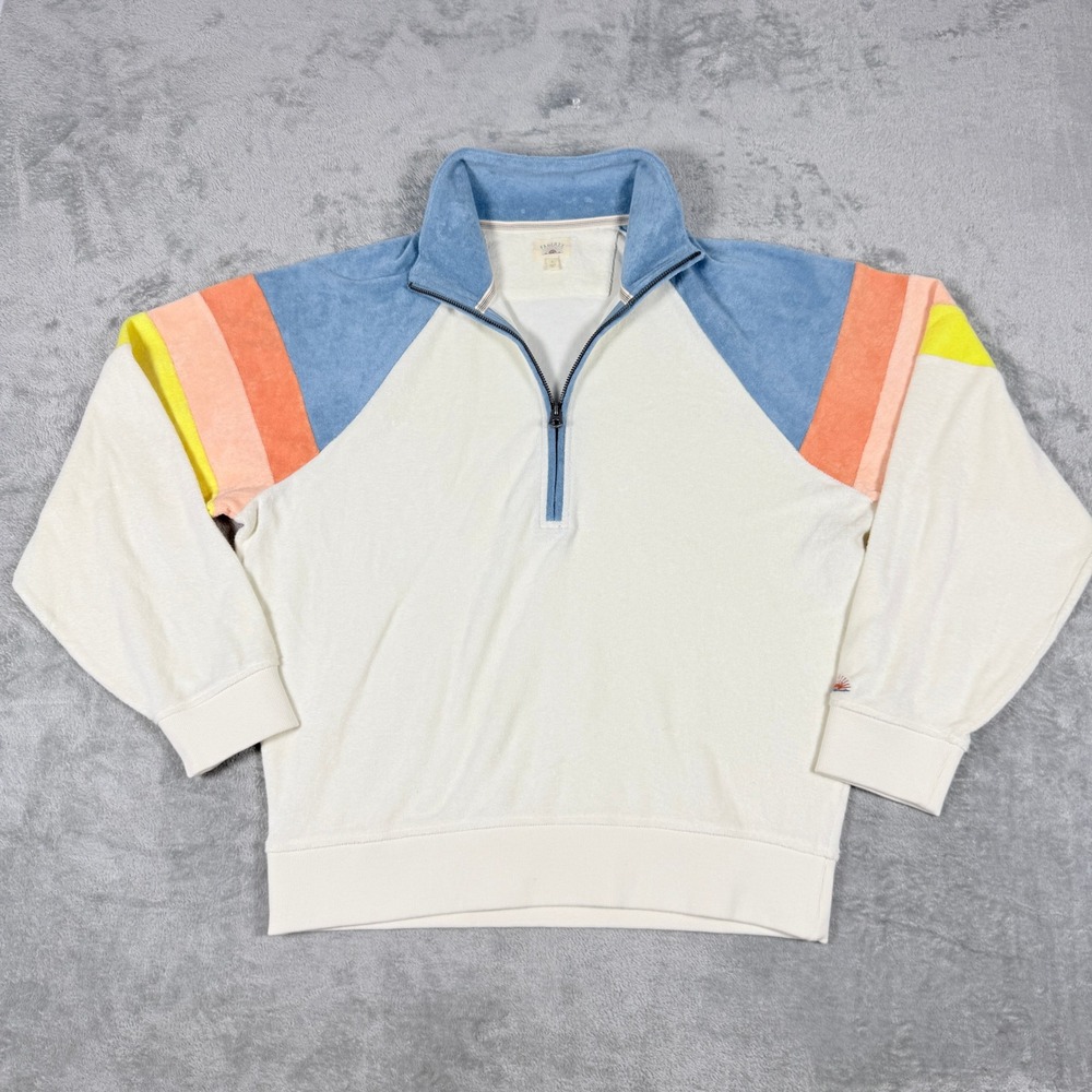 Faherty Mens Large Quarter Zip Pullover Terry Cloth Rainbow Stripe Off White